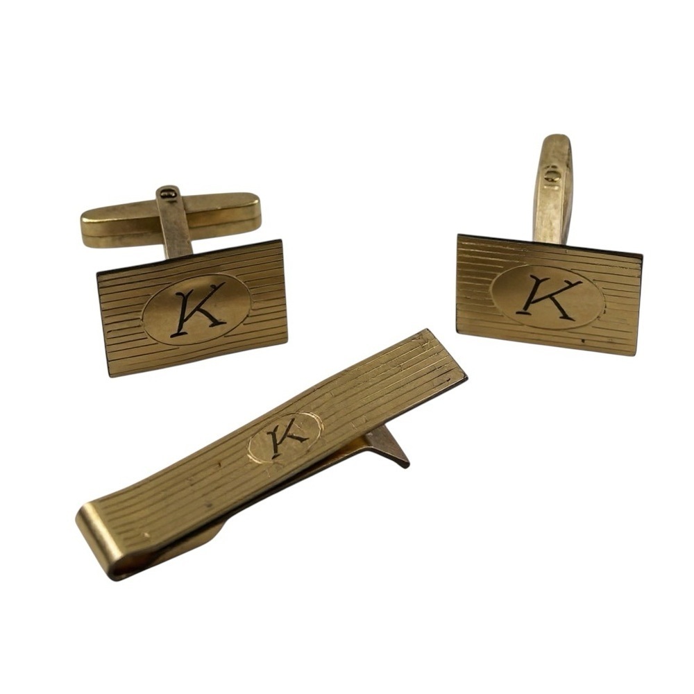 Gold Initial Cufflinks and Tie Clip Set